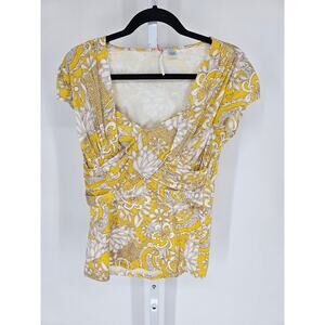 RicRac Womens Sz M Short Sleeve Blouse Yellow White Floral Knotted Front